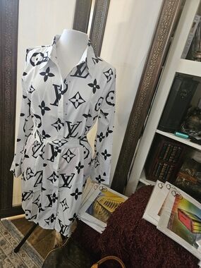 White and Black Monogram Shirt Dress Excellent Quality Perfect For Summer